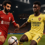 Mohamed Salah dan Bukayo Saka bertarung memperebutkan bola dalam laga panas Liverpool vs Arsenal di Anfield