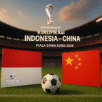Bendera Indonesia dan China di stadion menjelang laga kualifikasi Piala Dunia 2026