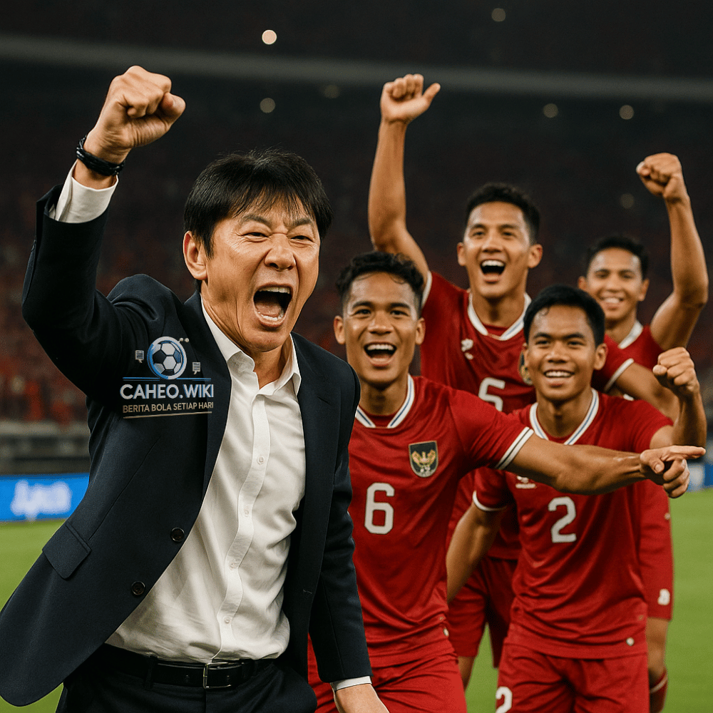 Shin Tae-yong dan pemain Timnas merayakan di pinggir lapangan