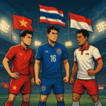 Ilustrasi pemain Vietnam, Thailand, dan Indonesia dalam pertandingan sepak bola ASEAN di stadion malam hari