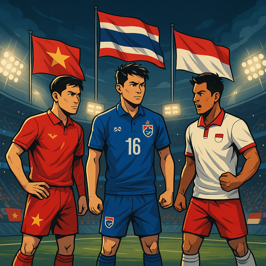 Ilustrasi pemain Vietnam, Thailand, dan Indonesia dalam pertandingan sepak bola ASEAN di stadion malam hari