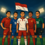 Ilustrasi lima pemain muda ASEAN berdiri dengan percaya diri di lapangan sepak bola dengan latar bendera Indonesia