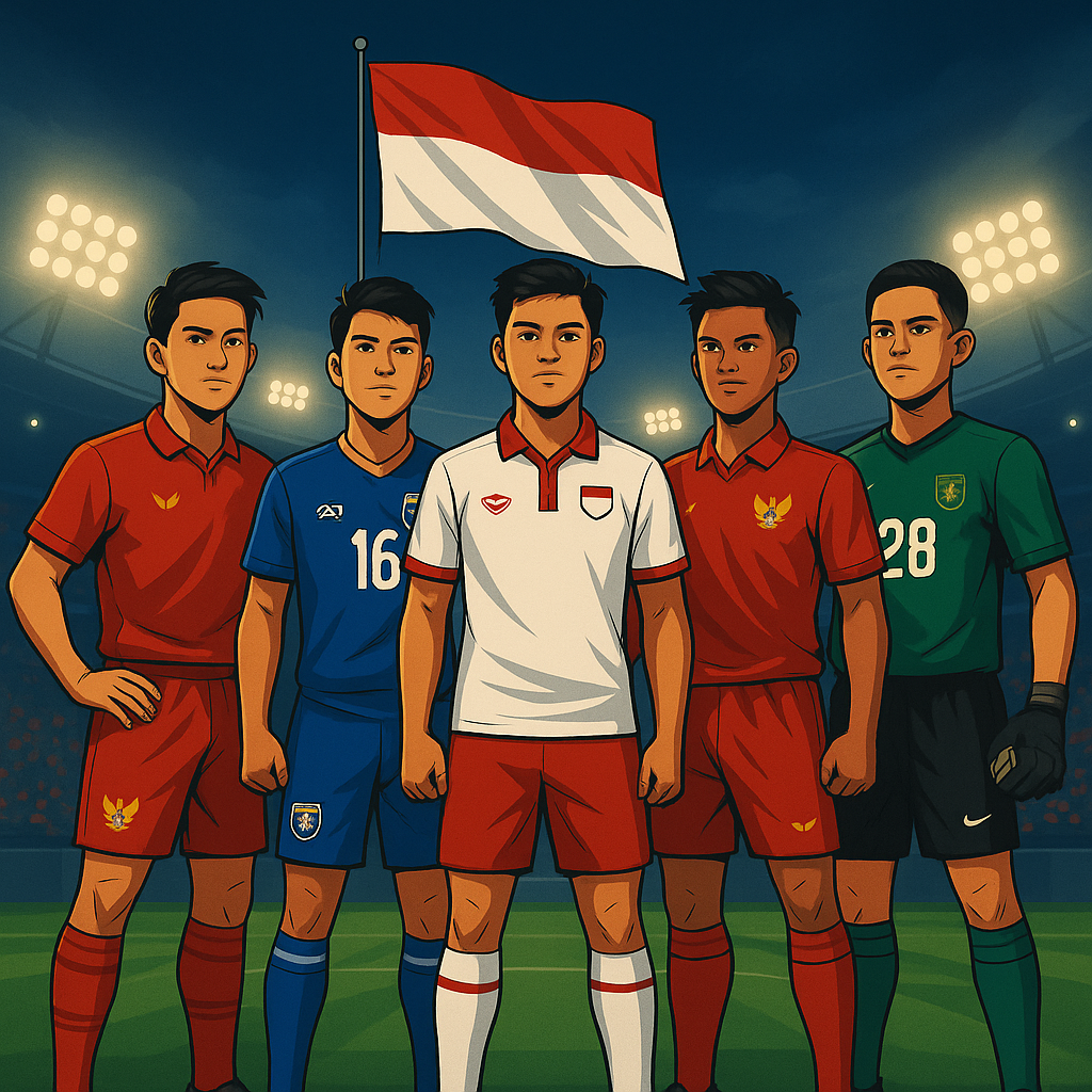 Ilustrasi lima pemain muda ASEAN berdiri dengan percaya diri di lapangan sepak bola dengan latar bendera Indonesia