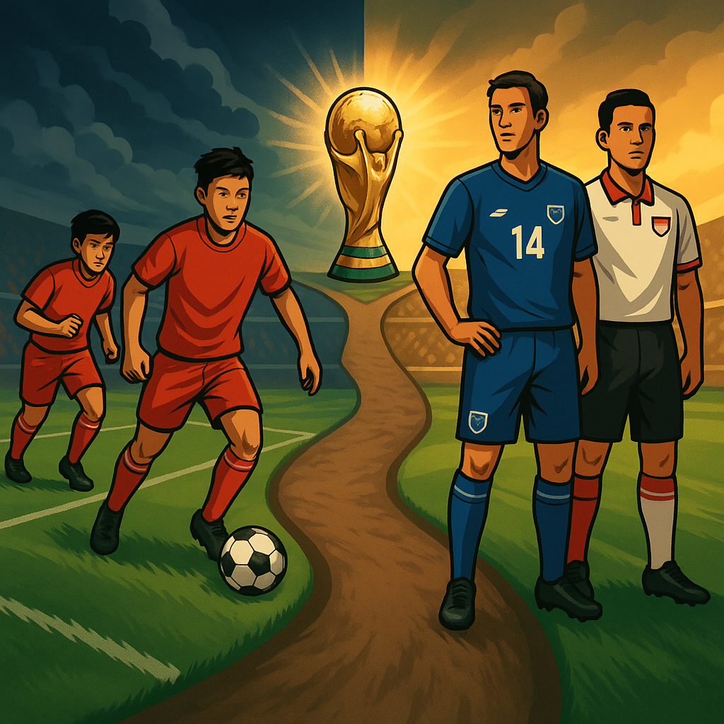 Ilustrasi dua jalur pemain menuju Piala Dunia: pembinaan lokal dan naturalisasi pemain diaspora Indonesia