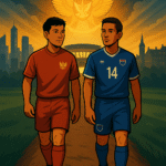 Ilustrasi pemain lokal dan diaspora Indonesia berjalan bersama menuju stadion dengan simbol Garuda di atasnya