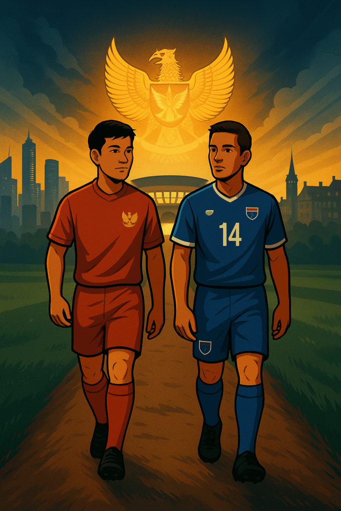 Ilustrasi pemain lokal dan diaspora Indonesia berjalan bersama menuju stadion dengan simbol Garuda di atasnya