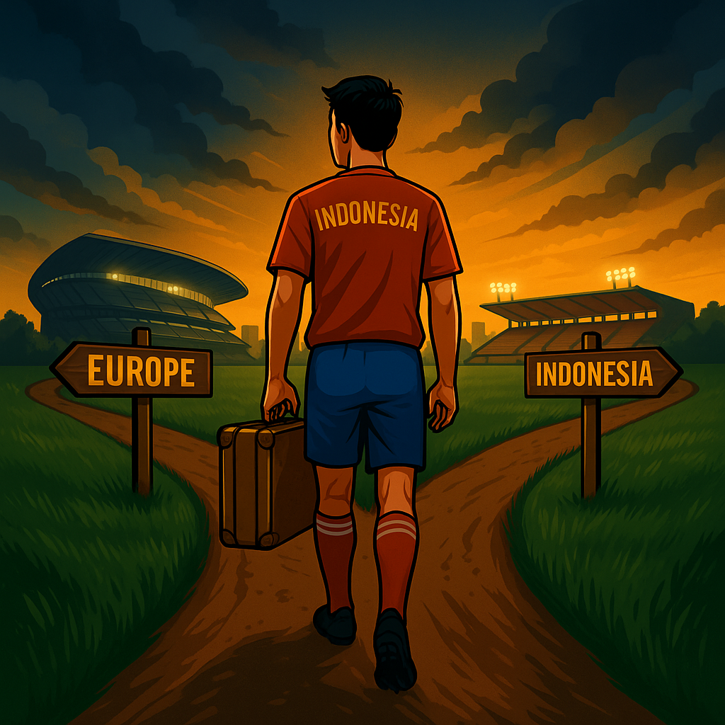 Ilustrasi pemain muda Indonesia berdiri di persimpangan antara stadion Eropa dan stadion Indonesia saat senja
