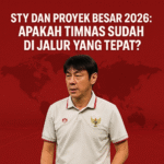 Shin Tae-yong dengan latar belakang peta dunia dan tulisan proyek besar Timnas Indonesia 2026