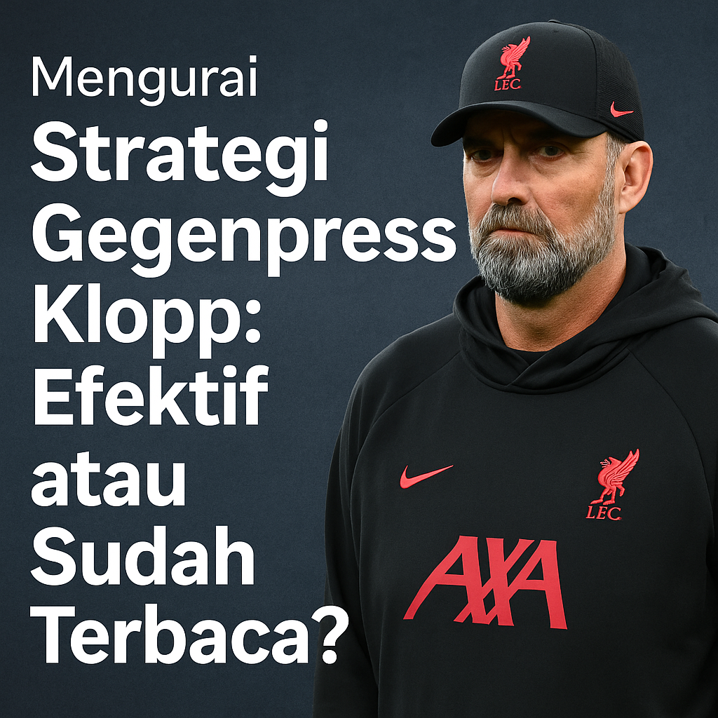 Jürgen Klopp dengan ekspresi serius mengenakan jaket Liverpool, disertai teks "Mengurai Strategi Gegenpressing Klopp: Efektif atau Sudah Terbaca?"