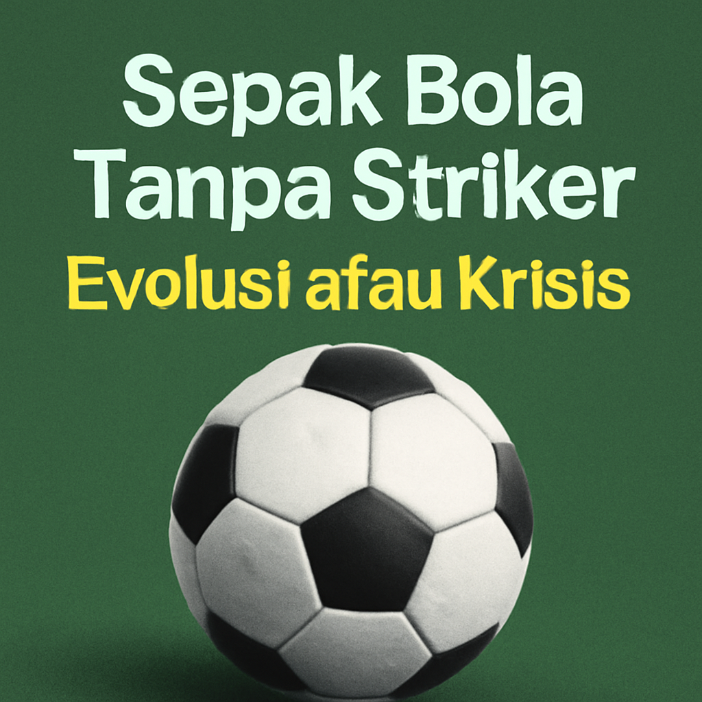 Ilustrasi bola sepak di lapangan dengan teks “Sepak Bola Tanpa Striker: Evolusi atau Krisis?”