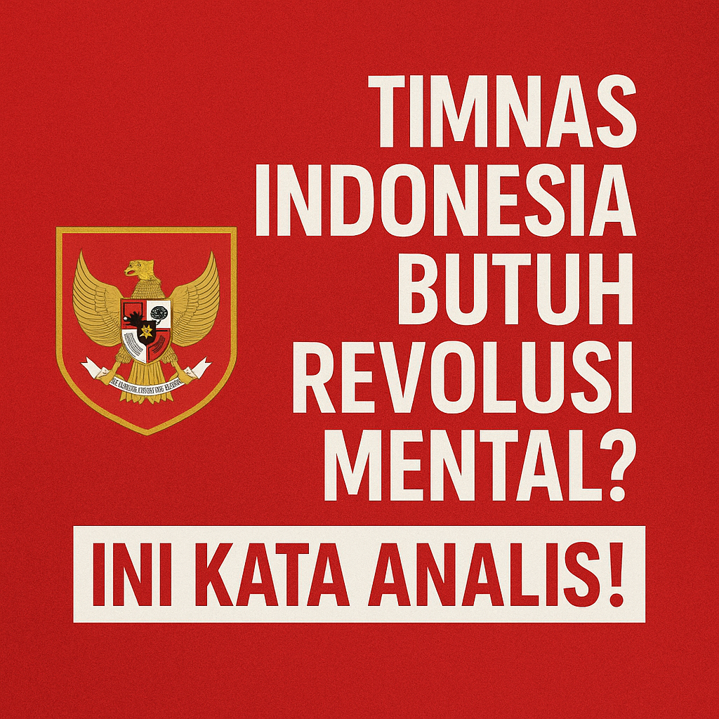 Poster dengan tulisan Timnas Indonesia Butuh Revolusi Mental dan lambang Garuda, latar merah