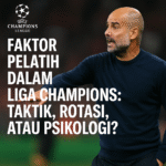 Pelatih Liga Champions memberi instruksi di pinggir lapangan – ilustrasi faktor taktik, rotasi, dan psikologi dalam sepak bola Eropa.