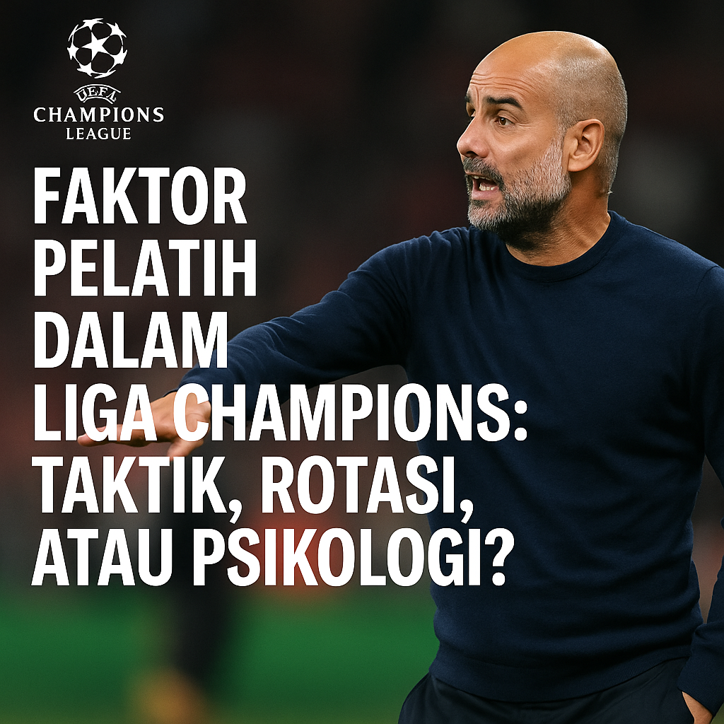 Pelatih Liga Champions memberi instruksi di pinggir lapangan – ilustrasi faktor taktik, rotasi, dan psikologi dalam sepak bola Eropa.