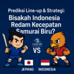 Ilustrasi prediksi line-up Jepang vs Indonesia dengan karakter animasi samurai dan garuda, kualifikasi Piala Dunia 2026