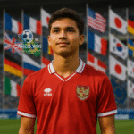 Pemain muda keturunan Indonesia memakai jersey Timnas dengan latar belakang bendera negara-negara dunia.