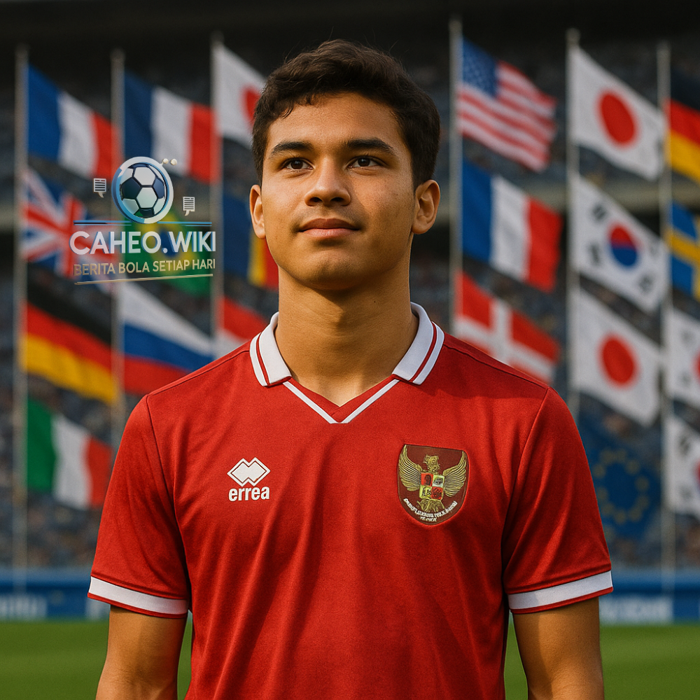 Pemain muda keturunan Indonesia memakai jersey Timnas dengan latar belakang bendera negara-negara dunia.